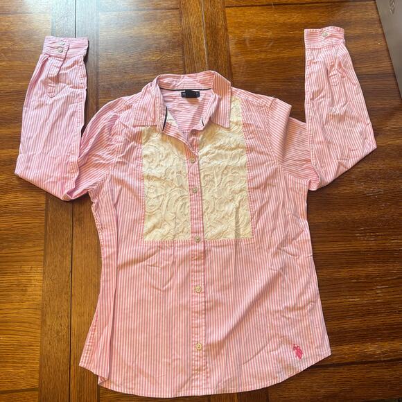 U.S. Polo Assn. Pink Pinstripe Lace Button Down Shirt M - Picture 10 of 13